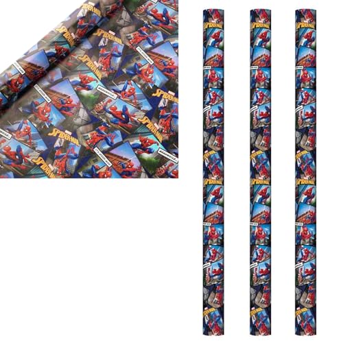 6m Birthday Wrapping Paper 3 Rolls of 2M x 70cm Gift Wrap for Boys or Girls - UK Made (Spiderman)