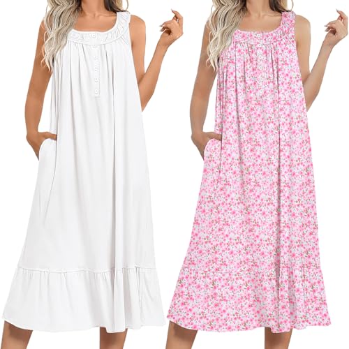 Image of Ekouaer 2 Pack Nightgowns for Women Sleeveless Long Night Gowns Victorian Nightdress with Pockets Soft Ladies Gown