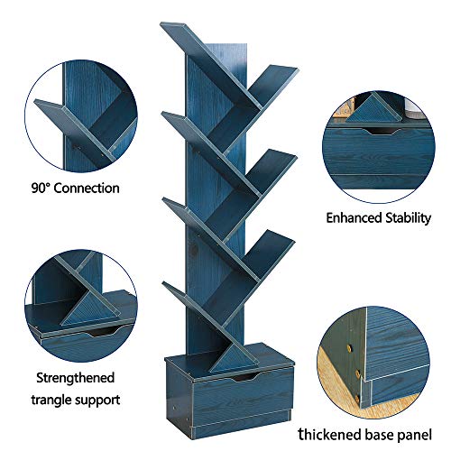 Genenic Tree Bookshelf with Drawers,8-Tier Floor Standing Bookcase,with Wooden Storage Rack Display Shelves Cabinet in Living Room/Home/Office for Books/CDs/Movies/Files(Blue Oak Grain, 8 Tier) - Thumbnail 3