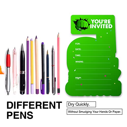 20 Super Hero 5Th Birthday Party Invitations With Envelopes Double Sided Green Superhero Shaped Fill-In Invitations Invites For 5 Year Old #TOP3