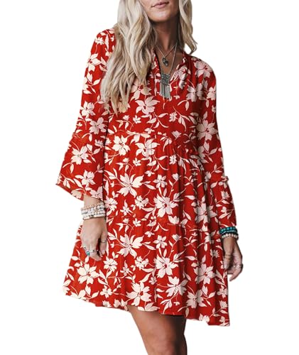 Image of Summer Dresses for Women 2026 Flowy Ruffle 3 /4 Sleeve V Neck Tiered Casual Babydoll Boho Beach Mini Dress