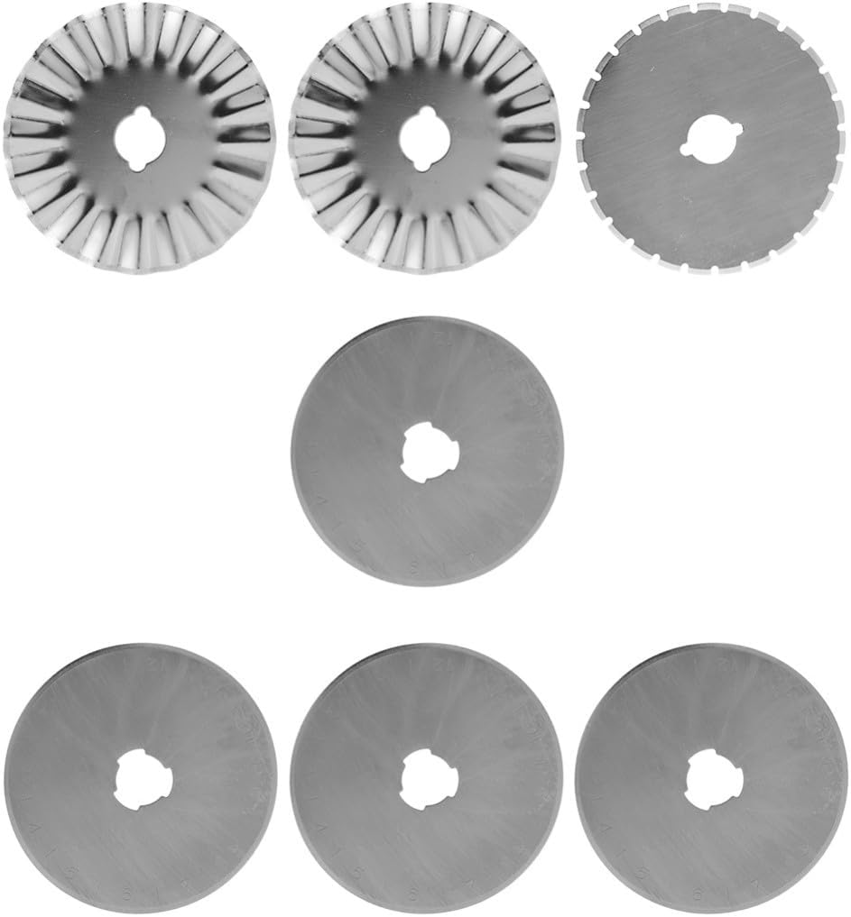 ULDIGI 7pcs Rotary Cutter Replacement Blades with Storage Case Steel Cutting Wheels for Fabric Leather Paper Crafts Includes Straight Dashed Wavy Style Blades for Sewing and Crafting