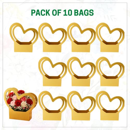 Image of Oasis Pack of 10 Flower Bouquet Gift Bags with Handles | Valentine's Day Gifting Bags for Her & Him | Goodie Bags for Wedding Return Gifts, Birthday, Bridal & Baby Shower | 40x20x7.5 cm | Heart Gold