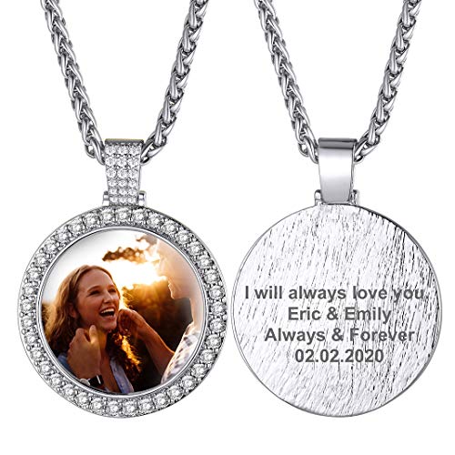GoldChic CZ Bling Colgante Redondo de Foto y Grabaciones Personalizables para Mujer Hombre con Cadena color Platino