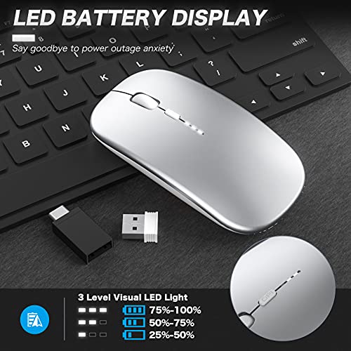 Rechargeable Wireless Mouse, 2.4Ghz Silent Computer Office Mouse, Portable Slim Optical Mouse With Usb Receiver Type-C, 3-Level Adjustable Dpi For Laptop, Computer, Notebook, Pc (Silver) #TOP1