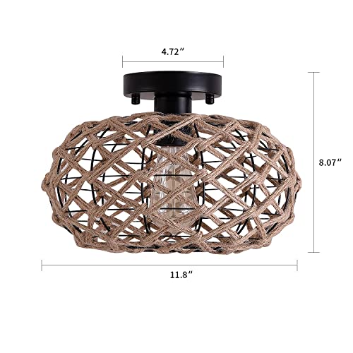 Nomita Rustic Woven Flush Mount Light Fixture Industrial Hemp Rope Cage Semi Flush Mount Ceiling Light For Hallway Bedroom Kitchen Entryway Farmhouse, Black #TOP3