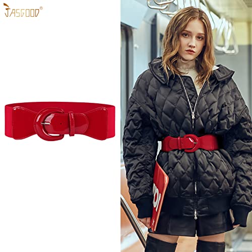 JASGOOD Women Wide Stretch Belt,Vintage Chunky Buckle Elastic Waist Belts Patent Leather Belt 50s Belt for Dress4