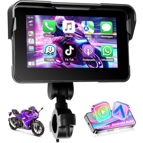 Motorsi Motorrad-Navigation Mit Wireless Apple Carplay Android Auto, 5-Zoll HD Touchscreen Portables Autoradio Mit Bluetooth FM, IP68-Wasserdicht, GPS-Navigation, TF-Karte