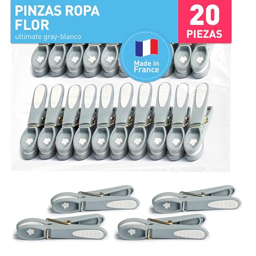 Culiclean Pinzas para la ropa sin huellas, estables flores, 20 unidades, gris, resistentes UV, pinzas colgar calcetines