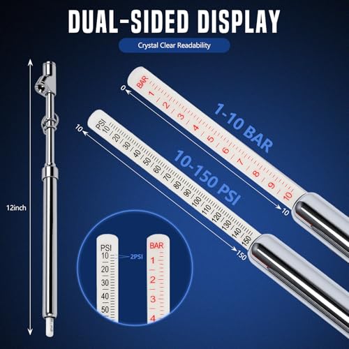 Image of 10-Pack Heavy Duty Dual Head Tire Pressure Gauge (10-150 PSI, 1-10 Bar) for Semi Trucks, RVs, Cars, Motorcycles - 12 Inch