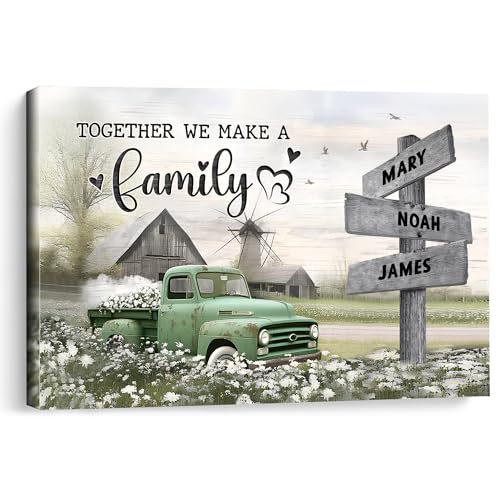 KiKiLuna Personalized Family Farmhouse Truck Canvas, Custom Name Vintage Barn Wall Art, Multiple Truck Colors, Rustic Country Home Decor, Custom Family Members Sign, Christmas Housewarming Gift