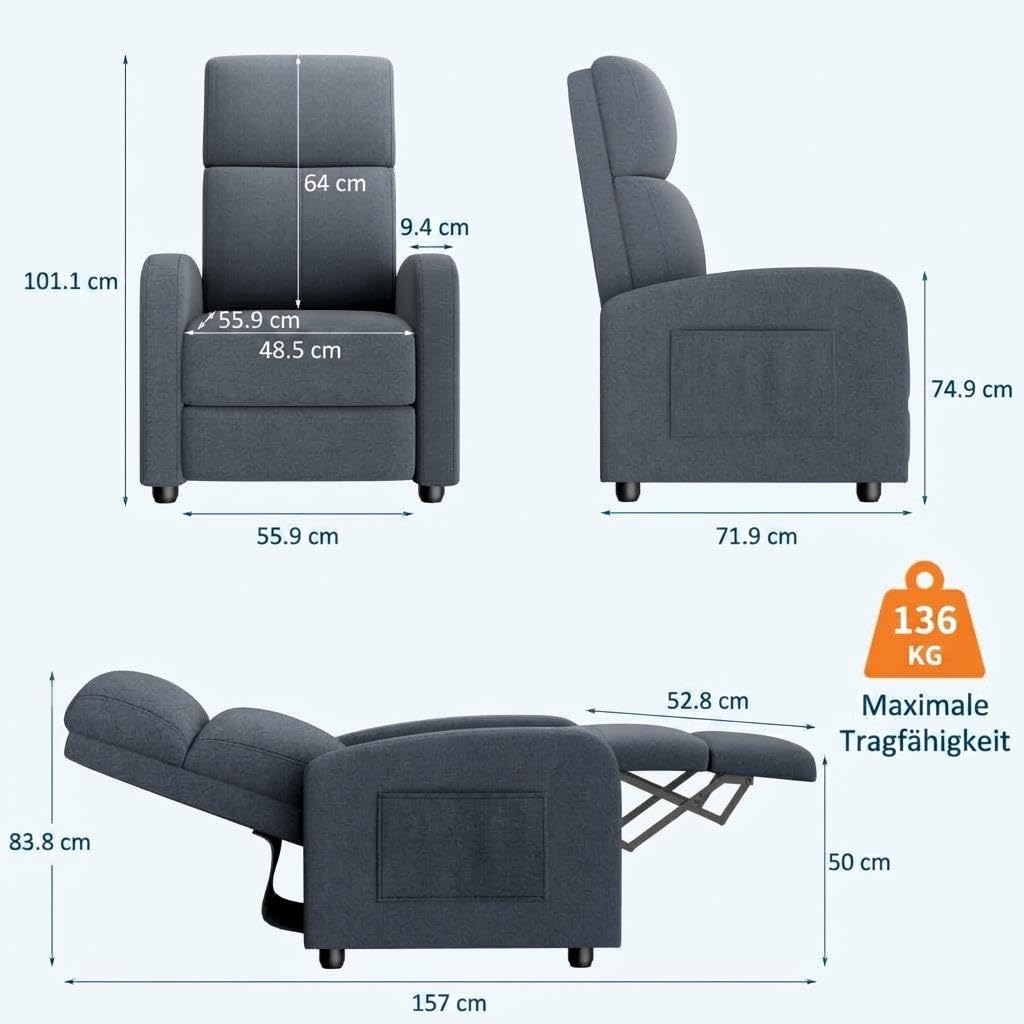 Garvee Relaxsessel Leinen, Fernsehsessel mit Liegefunktion & Seitentasche