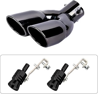 Sakali 2.5 inch Inlet Dual Exhaust Tip Stainless Steel Polished Muffler Tail Universal Bolt-On Double Outlet Tail Pipe with 2 Aluminum Turbo Sound Whistle (Black,Curved)
