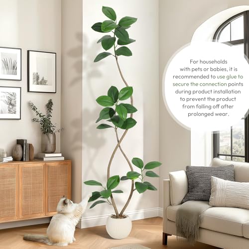 7FT Artificial Plant Rubber Tree with Off White Sphere Resin Planter & Stone Faux Fiddle Leaf Fig Tree Indoor Artificial Tree Tall Plant Fake Tree Tropical Large Floor Tree Real Touch for Home Decor