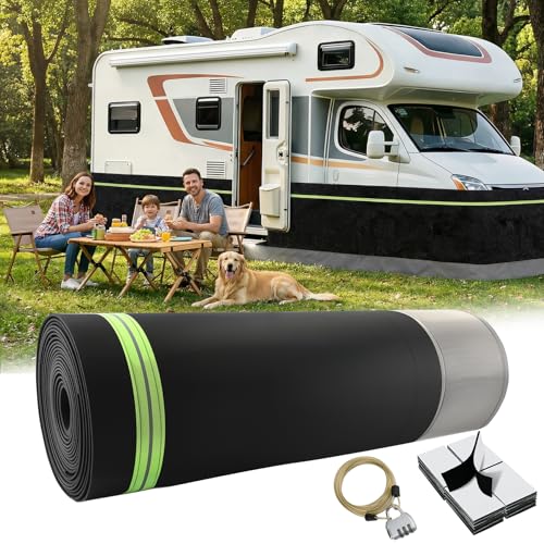 RV Skirting for Travel Trailers & 5th Wheels - Heavy Duty Camper Insulated Skirt, Easy Install RV Skirt, All Weather Waterproof, Windproof, UV, Cold-Weather with 50 Hook & Loop Fasteners 85X2.6ft