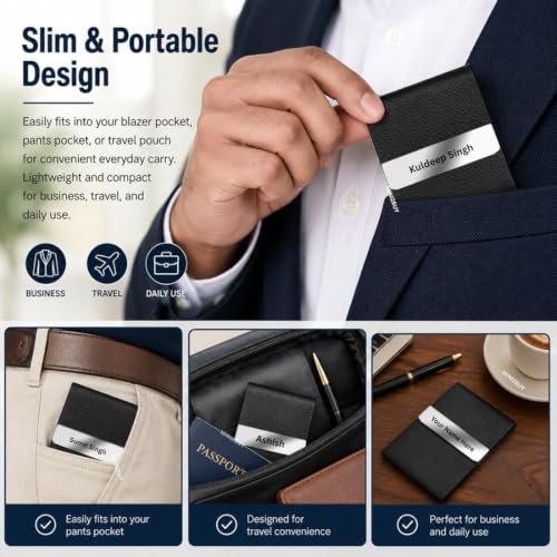 Image of Mini2buy Customized Name Engraved Card Holder for Credit, Debit, ATM, and Business Visiting Cards from Premium Stainless Steel Size Ideal for Personal use or Corporate Gifting (S P Black)