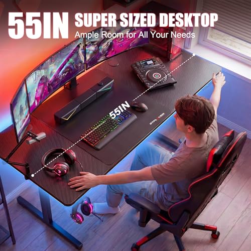 Image of GTPLAYER 55 Inch Gaming Desk with LED Lights, Large Computer Desk with Mouse Pad for Home Office, T-Shaped Carbon Fibre Surface PC Game Workstations with Headphone Hook