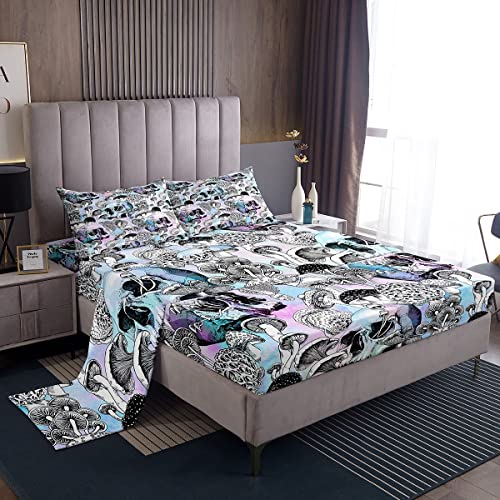 Castle Fairy Cute Mushroom Bed Sheet Set Queen for Girls Skeleton Skull Print Bed Sheets Bedroom Psychedelic Plant Sheets Set Lightweight Watercolor Gradient Blue Purple Bed Set with 2 Pillowcases
