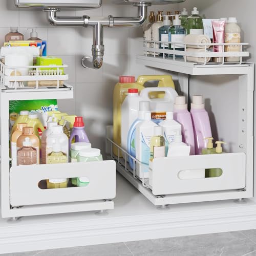 Image of Under Sink Organizer Upgrade To Professional Rails,2-Tier Dual Pull Out Cabinet Storage,Height Adjustable Slide Out Drawers For Bathroom Kitchen,2 Pack-16.7 inchDx12.8 inch-16.9 inchH,White