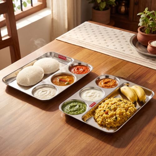Image of HAZEL 4 Compartment Stainless Steel Lunch Plate Set of 2 | All in 1 Big Section Plate
