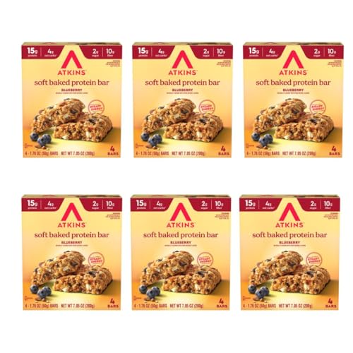 Image of Atkins Soft Baked Protein Bars, Blueberry, 15g Protein, 4g Net Carbs, 2g Sugar, Excellent Source of Fiber, High in Protein, 6 Packs (4 Bars Each)