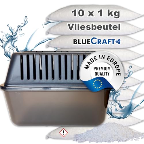 Bluecraft - Raumentfeuchter Box Feuchtigkeitskiller + 10x 1 kg Luft-Entfeuchter Granulat im Vliesbeutel Nachfüllpackung ohne Strom (10x 1kg + Box)
