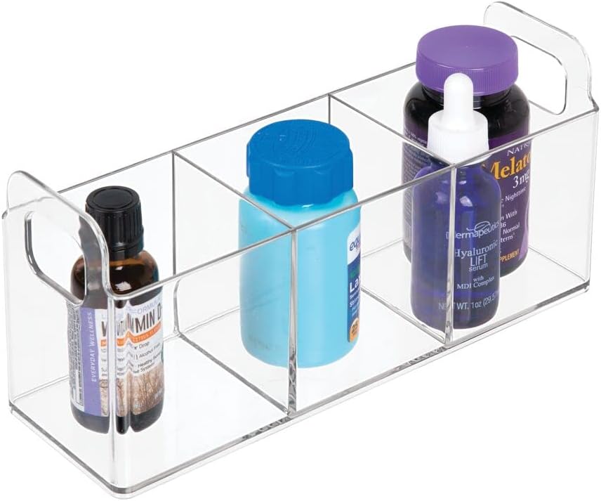 mDesign Plastic 3-Compartment Bathroom Organizer Storage Bin - Divided Makeup Caddy and Hair/Beauty Product Holder Tray - Perfect for Vanity, Counter, and Cabinet - Lumiere Collection, 2 Pack, Clear