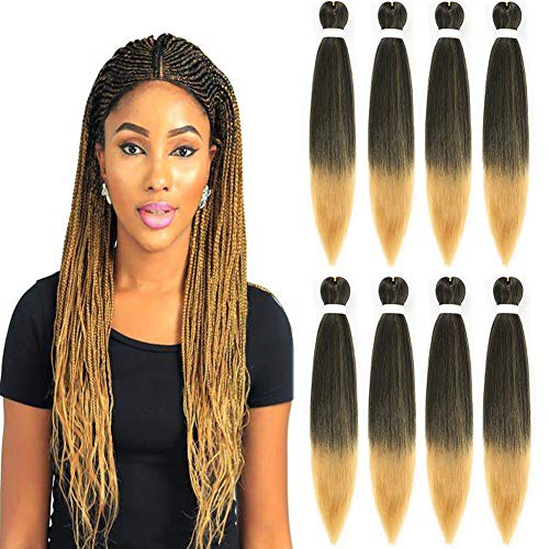 Imierfa Pre Stretched Braiding Hair, 26 Inch 8 Packs Yaki Texture Braiding Hair Extensions, Low Temperature Synthetic Fiber Hot Water Setting, Feed In Hair for Braids(T1B/27)