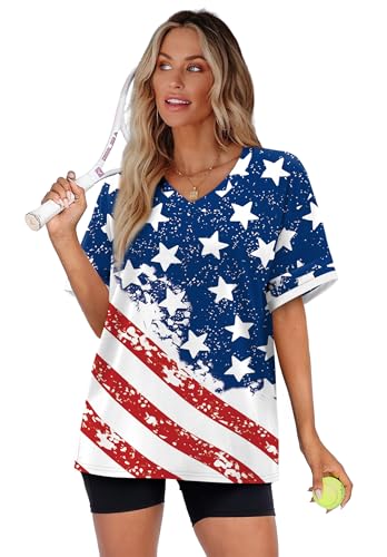 Image of WIHOLL Womens T Shirts Loose Fit Short Sleeve Tees V Neck Color Block Summer Tops 2026 Fashion S-4XL