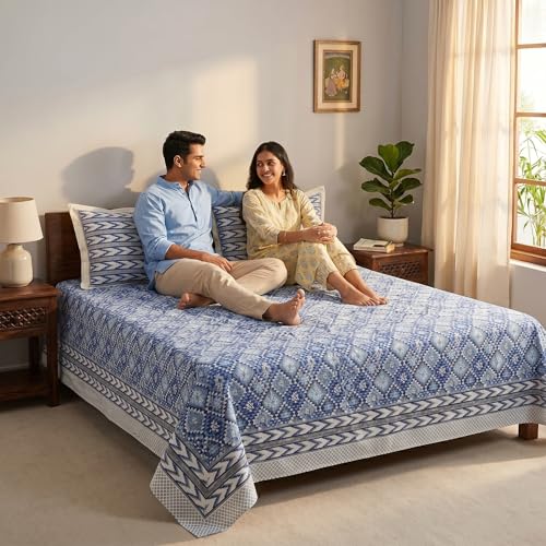 Image of Mafatlal 144 TC Heritage Jaipuri Double Bed Cotton Bedsheet Queen Size 90x108, 100% Pure Cotton Bed Sheet with 2 Pillow Covers, Royal Heritage | Prussian Blue