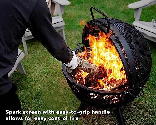 Fissfire 35 Inch Fire Pit Sphere, Outdoor Wood Burning Flaming Ball Firepit With Pivot Spark Screen, Backyard Patio Swimming Pool Camping Beach Bonfire Pit #TOP3