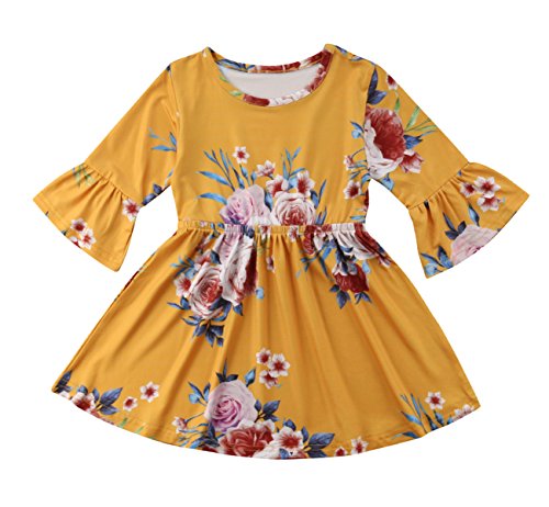 Image of Toddler Kids Baby Girl Ruffle 3/4 Long Flare Sleeve Floral Party Dresses Clothes (Yellow, 2T)