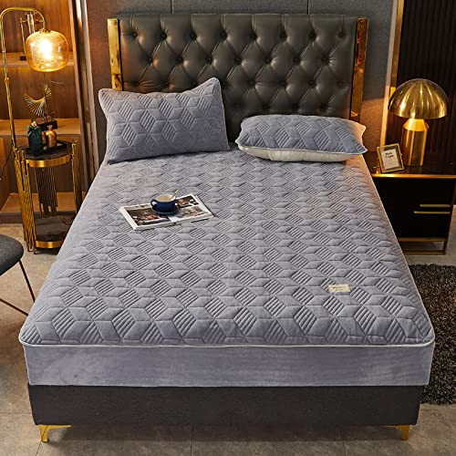 Hotel Quality Bed Sheets Thickened Warm Quilted Milk Velvet Fitted Sheets Solid Color Skin-Friendly Anti-Slip Box Spring Bed Cover light Grey 150x200cm+30cm