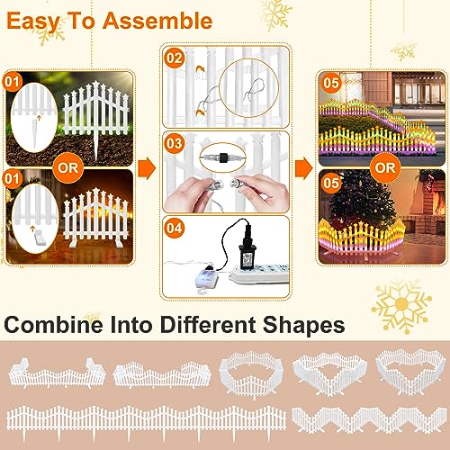 Garden Picket Fence Lights 8 Pack, 11 Modes Fence Lights with Remote,13.8 x 11 inch Christmas Tree Fence Lights Plug in,Plastic White Edgings Garden Picket Fence Lights for Landscape Patio Yard Xmas