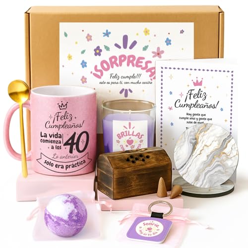 Kembilove® Pacote de presente para mulher de 40 anos com caneca personalizada, caixa surpresa de aniversário com vela, sais de banho e incensos, presente original 40 aniversário mulher