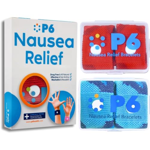 Image of P6 Motion Sickness Bands for Adults Wristbands for Anti Nausea Sea Cruise Travel Car Pregnancy Morning Sickness All-Natural Non Drowsy Relief Acupressure Treatment (2 Pack, Red - Blue)
