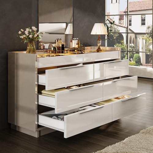 AMERLIFE 47.2 8 Drawer Dresser with LED Light Modern High Gloss Chest of Drawers with Glass Tabletop & 2 Six-Grid Jewelry Drawers for Bedroom Living Room Dressing Room Cream & Grey