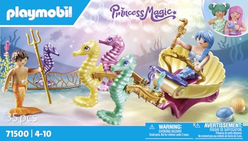Playmobil 71500 Calèche avec sirènes et hippocampes Princess Magic Comprend Deux Personnages Une calèche des Coquillages Qui se fixent sur la Baignoire et des hippocampes Dès - vue 3