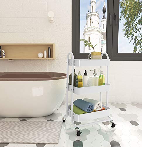 SNTD 3-Tier Rolling Utility Cart with Wheels Storage Shelves Trolley Service Cart for Bathroom Kitchen Office White