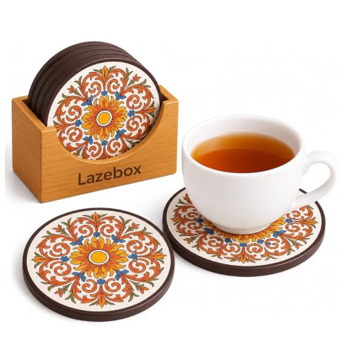 Image of 6 Pcs Coaster Set - Tea Coasters Set of 6 for Coffee Mugs & Glasses, Coasters for Dining Table for Hot Pots, Indian Gifts for Foreigners, Wooden Coasters with Stand Heat Resistant Pads