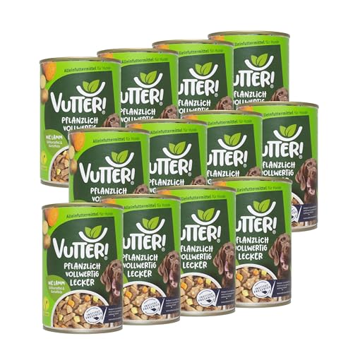 VUTTER Nassfutter Wie Lamm, 12x400 g: Hundefutter Vegan - Alleinfutter für Hunde - Fleischähnlich für hohe Akzeptanz - Sojaprotein für Muskeln, Zink für Haut & Fell, Kalzium für Zähne & Knochen