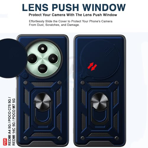 Image of AESTMO Tough Armor Compatible with Mi Redmi A4 5G / Redmi 14C 5G /Poco C75 5G /Poco M7 5G Bumper Back Case Cover |Ring Holder & Sliding Camera Shield Cover |360 Degree Protection Back Case Cover (Blue)