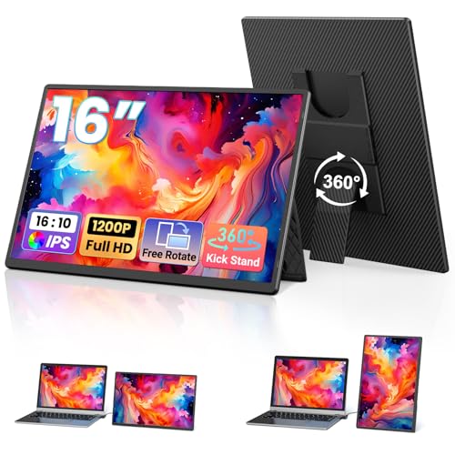 Image of 16.1 inch Portable Monitor for Laptop - 1200P FHD, Ultra-Thin Laptop Screen Extender Horizontal Vertical with 360 Rotating Detachable Stand, Plug & Play, Dual Travel Monitor for Laptop Wins Mac Chrome
