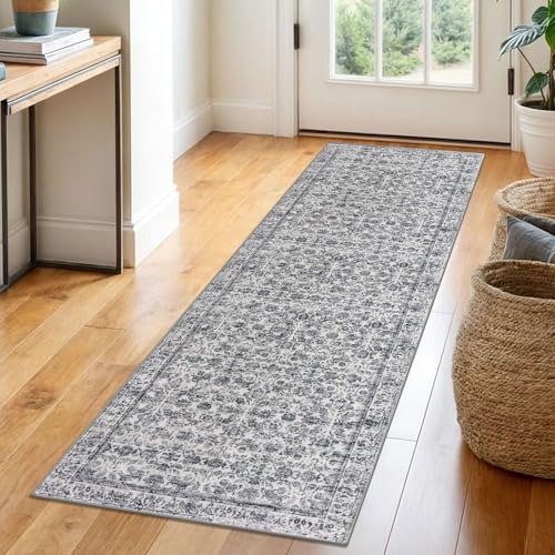 2x6 Grey Blue Washable Runner Rug for Hallways, Soft Neutral Vintage Kitchen Rugs with Non-Slip, Non-Shedding Distressed Floral Rug for Bedroom Kitchen Porch Laundry Entryway