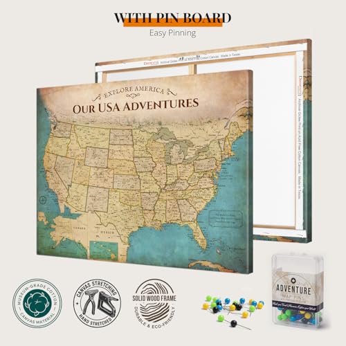 Image of DECORARTS - Push Pin Travel Map USA, US Maps for Wall, Antique Vintage Old United States Pin Board Canvas Wall Art, Giclee Print on Canvas, Handcrafted in USA, 30x24''