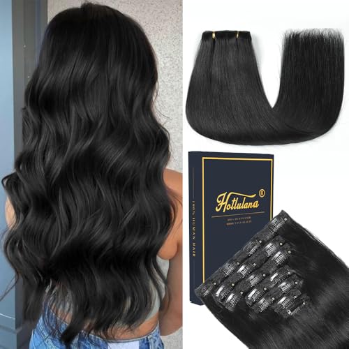 HotLulana Clip in Extensions Echthaar 120g 7pcs 40cm Jet Black Remy Echthaar Invisible Clip Extensions 16 Zoll Skin Weft Haarverlängerung 1#