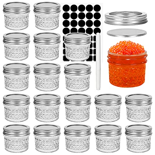 CycleMore 20 Pack 4oz 100ml Clear Glass Mini Mason Jars With Silver Separable Lids and Diamond appearance, Small Mason Jars Round Canning Jars Spice Jars for Honey, Jam, Jelly, Wedding Favors, Kitchen Food Storage 