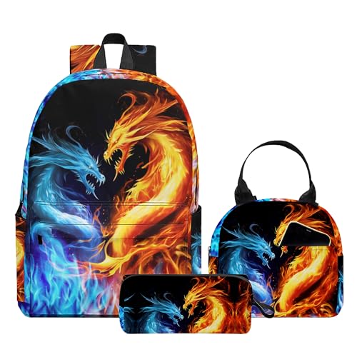 3PCS Backpack for Boys Girls, Kids Back To School Backpack Sets with Lunch Bag Pencil Case, Large Capacity 17 Inch Bookpack 3 in 1 Set for Teens Elementary Middle High School Students (Dragon)