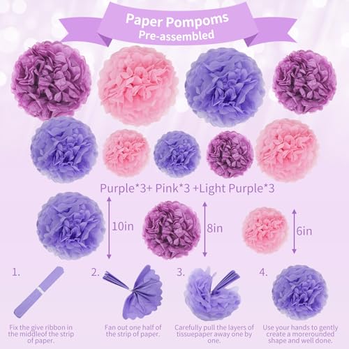 RUBFAC Purple Pink Birthday Party Decorations Set with Happy Birthday Banner, Tissue Paper Pompoms, Tassel Garland, and Circle Dots Garland Purple Birthday Decorations for Women Girls - Image 6