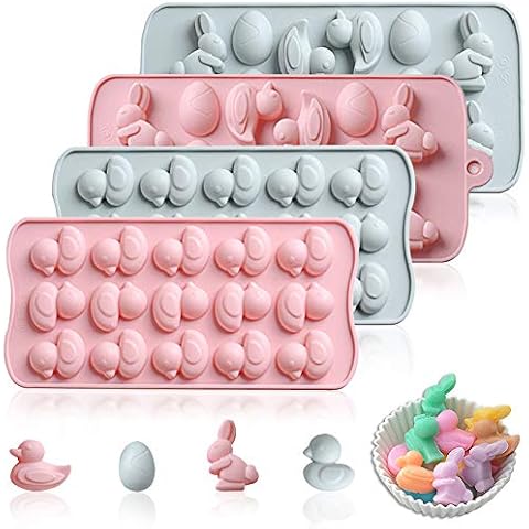 Easter Moulds, PUDSIRN 4PCS Mini Duck Egg Rabbit Shape Silicone Mould, Non-Stick Candy Baking Mold for Candy, Jelly, Gummy, Crayon Cover